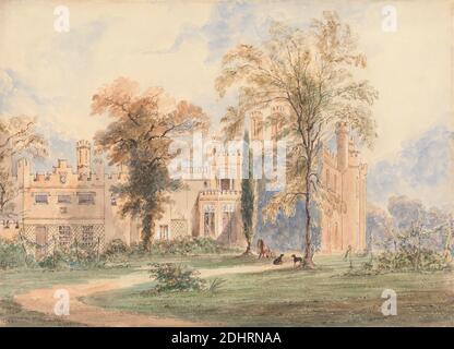 An unidentified Gothic Mansion: Side View of the House with Garden, Joseph Murray Ince, 1806–1859, British, undated, Watercolor, pen and brown ink, gouache, and graphite on moderately thick, slightly textured, cream wove paper, Sheet: 9 7/8 x 13 11/16in. (25.1 x 34.8cm) and Sheet: 9 7/8 × 13 3/4 inches (25.1 × 34.9 cm), architectural subject, country house, crenelation, dogs (animals), garden, house, mansion, path, trees Stock Photo