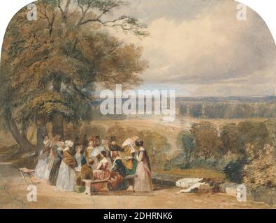 A Picnic on Richmond Hill, Joseph Murray Ince, 1806–1859, British, undated, Watercolor, gouache, and gum, with scraping on medium, moderately textured, cream wove paper, Sheet: 9 × 11 7/8 inches (22.9 × 30.2 cm), benches, genre subject, landscape, parasols, picnic, river, women, England, Greater London, Richmond Hill, Richmond upon Thames (borough), United Kingdom Stock Photo