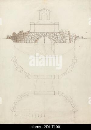 The Cascade at Chiswick House, Middlesex: Elevation and Plan, William Kent, ca.1686–1748, British, between 1720 and 1735, Pen and gray ink with brown wash over graphite on medium, slightly textured, white laid paper bar scale of 1/3 inch to 1 foot, approximately, Sheet: 14 1/4 x 10 5/8 inches (36.2 x 27 cm), architectural subject, cascades, garden structures, water features, Chiswick, Chiswick House, England, Europe, Greater London, United Kingdom Stock Photo