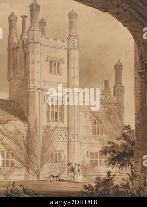 The Tower of the Manor House, East Barsham, Norfolk, Joseph Nash, 1808–1878, British, undated, Brown wash and graphite with pen and brown ink on medium, slightly textured, cream wove paper, Sheet: 9 × 6 3/4 inches (22.9 × 17.1 cm), architectural subject, Architecture--Tudor, brick, brickwork, dog (animal), Elizabethan architecture, manor houses, peacocks (birds), people, spires, tower (building division), trees, Tudor, England, Europe, Norfolk, United Kingdom Stock Photo