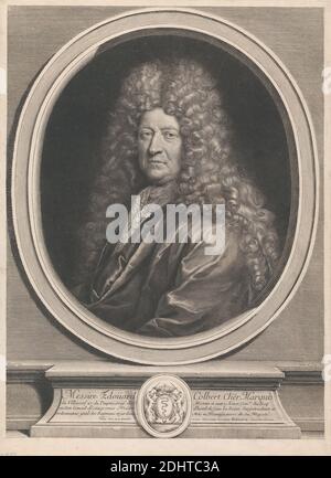 Édouard Colbert, Marquis de Villacerf, Gerard Edelinck, 1640–1707, Flemish, after Pierre Mignard, 1612–1695, French, 1696, Line engraving and etching on moderately thick, moderately textured, cream laid paper, Sheet: 19 5/8 x 14 3/16 inches (49.8 x 36.1 cm), Plate: 19 7/16 x 14 inches (49.3 x 35.6 cm), and Image: 18 1/2 x 13 11/16 inches (47 x 34.7 cm), Bâtiments du Roi, coat, coat of arms, crest, crown (symbol of sovereignty), curls, heraldic motif, lace, man, nobility, oval, pedestal, plinth, portrait, robe, wig Stock Photo