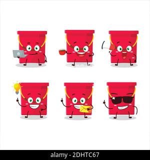 Red bucket cartoon character with various types of business emoticons. Vector illustration Stock Vector