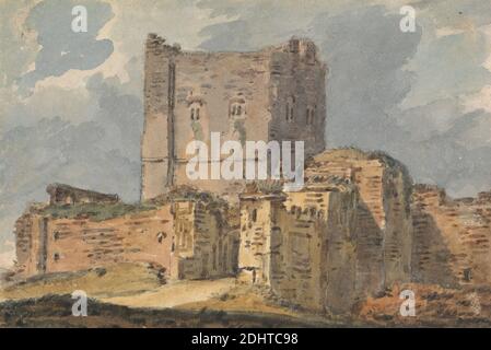 Porchester Castle, Alexander Monro, 1802–1844, undated, Watercolor and graphite on moderately thick, smooth, cream wove paper, Sheet: 2 7/8 × 4 5/16 inches (7.3 × 11 cm), architectural subject, battlements, castle, crenelations, keep, ramparts, ruins, stonework, Towers, walls, England, Europe, Hampshire, Portchester, Portchester Castle, United Kingdom Stock Photo