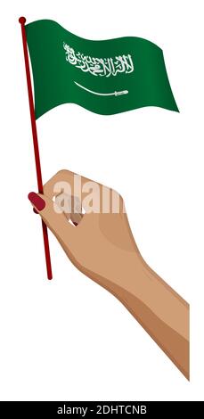 Female hand gently holds small Flag of Kingdom of Saudi Arabia. Holiday design element. Cartoon vector on white background Stock Vector