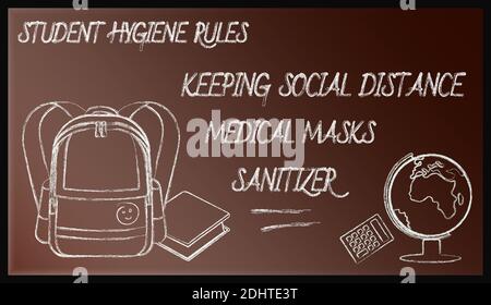 back to school, schoolboy hygiene rules written in chalk on a blackboard. Preventing disease and infection. September 1, beginning of year at school. Stock Vector