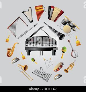 musical instruments set of wind, percussion and keyboard vector illustration detailed Stock Vector