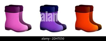 Bright childrens rubber boots. Autumn rainy weather. Boots for children to run in puddles. Good autumn mood. Isolated vector on white background Stock Vector