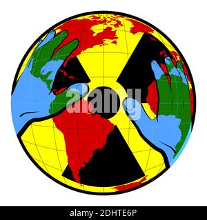 concept, man covers the planet with his hands. Salvation of nature from the threat of radioactive danger. Protest against the testing and use of nucle Stock Vector