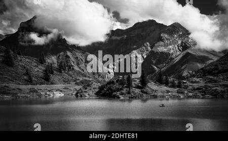 Wonderful Lake Truebsee in Switzerland on Mount Titlis in black and white Stock Photo
