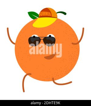 cheerful orange in a baseball cap with the inscription SUMMER runs to the sea. Summer holidays on the ocean. Vector in cartoon style Stock Vector