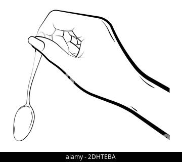 female hand holds a small spoon. Realistic gestures, cooking and drinks. Isolated vector on white background Stock Vector