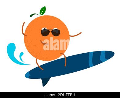 cheerful tanned orange in surfing on the waves. Active summer vacation at sea. Vector in cartoon style Stock Vector