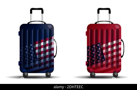 Color travel bag with elements of amrican flag. Suitcase for luggage on wheels. Transportation of things in transport while on vacation. Realistic vec Stock Vector