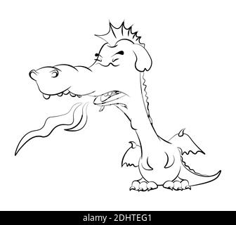 cute young dragon teenager in a bad mood releases flames from his mouth. Coloring book for children. Vector on a white background Stock Vector