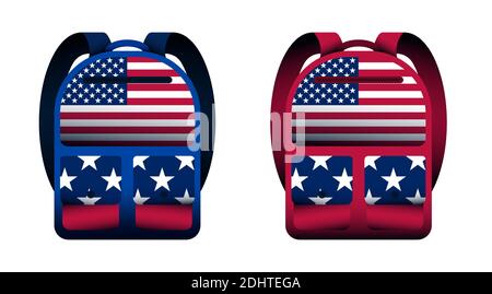 set of bright school backpacks with american flag elements. Foreground. September 1, beginning of year at school. Vector student accessories on a whit Stock Vector