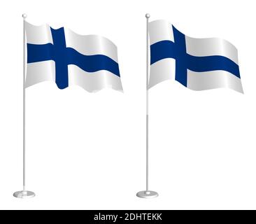 flag of Finland on flagpole waving in the wind. Holiday design element. Checkpoint for map symbols. Isolated vector on white background Stock Vector
