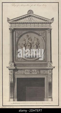 Headfort House, Ireland: Elevation of the Eating Parlor, Robert Adam, 1728–1792, British, 1771, Pen and black and brown ink, gray wash and graphite on moderately thick, slightly textured, white laid paper, Sheet: 25 11/16 x 14 9/16 inches (65.2 x 37 cm), acanthus, architectural subject, chimney pieces, columns, Corinthian order, dining room, festoons, fireplace, Graces (Charites), generally three in number; 'Gratie' (Ripa), mantlepieces, Neoclassical, rosettes, scale, terms (sculpture), Headfort House, Ireland, Kells, Leinster, Meath Stock Photo