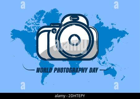 World Photography Day August 19th. Camera on background of continents of the Earth. Template for a festive design. Vector Stock Vector