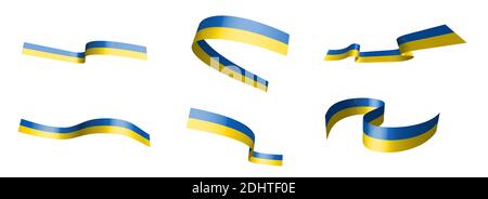 Set of holiday ribbons. Ukrainian flag waving in the wind. Separation into lower and upper layers. Design element. Vector on a white background Stock Vector