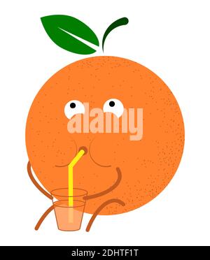 orange drinks orange juice through a straw from a glass. Summer vacation at sea. Vector in cartoon style Stock Vector