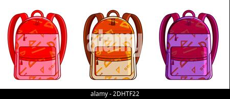set of school backpacks for girls with ornament from school supplies. Front view. September 1, beginning of study. Vector student accessories on a whi Stock Vector