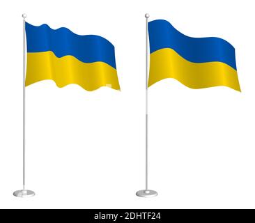 Ukrainian flag on flagpole waving in the wind. Holiday design element. Checkpoint for map symbols. Isolated vector on white background Stock Vector