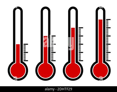 thermometers icon set with different high temperature values. Abnormal heat. Devices for measuring the weather. Vector on a white background Stock Vector