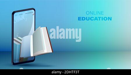 Online education concept, smartphone with books inside. Book flies out of phone screen. Distance learning and education. Vector on blue background Stock Vector