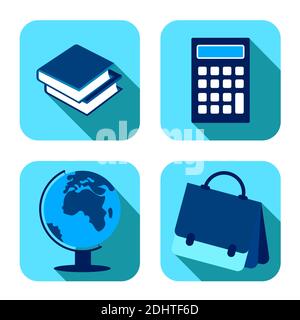 School items. Backpack, globe, calculator, books. September 1, beginning of school year. Set of square vector icons on white background Stock Vector