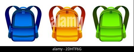 set of bright school backpacks in realistic style, icon. Foreground. September 1, beginning of year at school. Vector student accessories on a white b Stock Vector