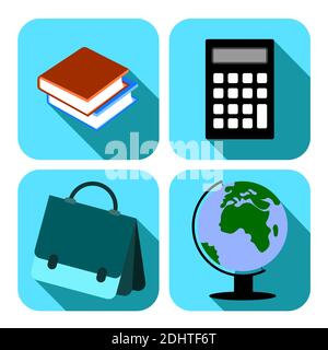 set of icons school subjects, globe, calculator, textbooks, books, briefcase, backpack Stock Vector