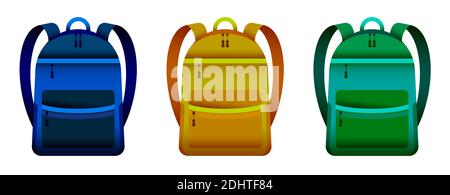 set of bright school backpacks in realistic style, icons. Foreground. September 1, beginning of a year at school. Vector student accessories on white Stock Vector