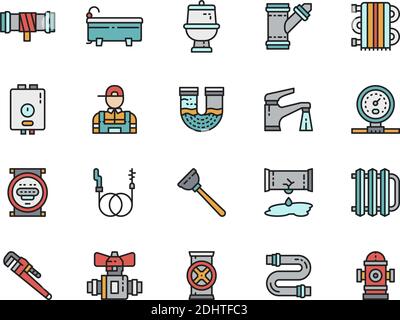 Set of Plumbing Service Color Line Icons. Bathtub, Toilet, Plumber and more. Stock Vector