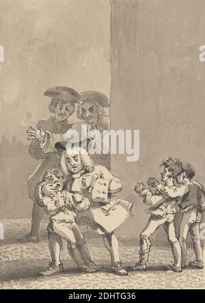 Hogarth Having Been Followed by Barry and a Friend was Caught Backing a Boy to Fight Purposely to Catch His Fearful Countenance, John Thomas Smith, 1766–1833, British, 1817, Pen and black ink, gray wash, and graphite on moderately thick, moderately textured, beige, wove paper, Sheet: 12 7/8 × 9 11/16 inches (32.7 × 24.6 cm) and Image: 7 5/16 × 5 1/4 inches (18.6 × 13.3 cm), boys, depiction, fighting, genre subject, men Stock Photo