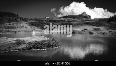 Wonderful Lake Truebsee in Switzerland on Mount Titlis in black and white Stock Photo