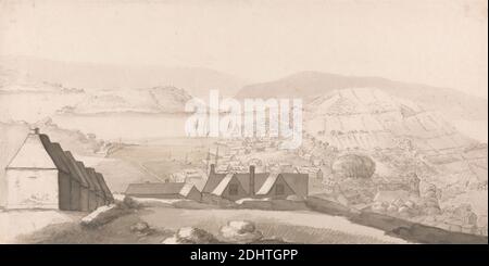 A Panoramic View of Carlisle Bay, Barbados, with Cottages and Ships, Lt. Paul Sandby, ca. 1820, ca. 1820, Gray wash and graphite with pen and black ink on medium, slightly textured, blued white laid paper, Sheet: 6 1/2 × 12 7/8 inches (16.5 × 32.7 cm), bay, cityscape, cottages, hills, houses, mountains, Barbados, Carlisle Bay, Central America, North America, North and Central America Stock Photo