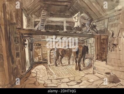 Interior of a Stable, with Tow Horses Feeding, William Burgess, 1749–1812, British, undated, Brown wash, watercolor, pen and brown ink, white gouache and graphite on medium, slightly textured, cream wove paper, Sheet: 9 3/8 × 13 1/4 inches (23.8 × 33.7 cm), animal art, feed room, horses (animals), ladder, stables, wood Stock Photo