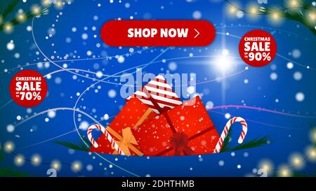 Christmas Sale 50 90, Shop Now. Many Different New Year Gifts on The Festive Background. Merry Christmas and Happy New Year. Colored. Winter Holidays Stock Vector