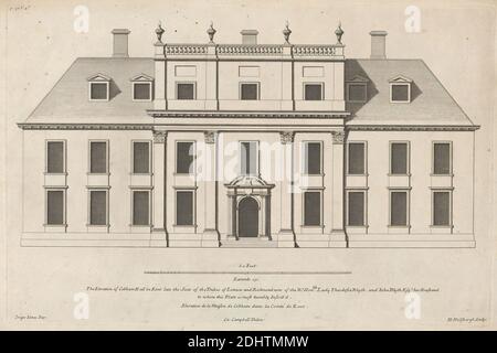 Cobham Hall, Kent: The Elevation of Cobham Hall in Kent, Print made by Henry Hulsberg, died 1729, Netherlandish, active in London, after Inigo Jones, 1573–1652, British, ca. 1790, Etching and graphite on slightly textured, medium, cream laid paper, Sheet: 10 1/2 × 17 1/8 inches (26.7 × 43.5 cm), architectural subject, elevation (building division), house, pilasters, Cobham, Cobham Hall, England, Europe, Kent, United Kingdom Stock Photo