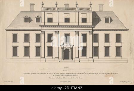 Cobham Hall, Kent: The Elevation of Cobham Hall in Kent, Print made by Henry Hulsberg, died 1729, Netherlandish, active in London, after Inigo Jones, 1573–1652, British, ca. 1790, Etching and graphite on slightly textured, moderately thick, cream laid paper, Sheet: 10 × 15 1/4 inches (25.4 × 38.7 cm), architectural subject, elevation (building division), house, Cobham, Cobham Hall, England, Europe, Kent, United Kingdom Stock Photo