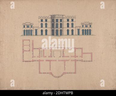 Design for Clifton Castle, Yorkshire: Plan and Elevation in the Gothic Style, unknown artist, ca. 1780-1790, Graphite, pen and black ink, watercolor on rough, moderately thick, beige wove paper, Sheet: 18 7/8 × 24 7/8 inches (47.9 × 63.2 cm), architectural subject Stock Photo