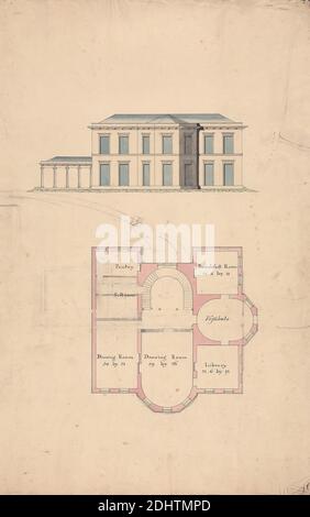 Design for Clifton Castle, Yorkshire: Plan and Elevation in the Classical Style, unknown artist, ca. 1780-1790, Pen and black ink, graphite, watercolor on smooth, moderately thick, cream wove paper, Sheet: 19 × 12 inches (48.3 × 30.5 cm), architectural subject Stock Photo