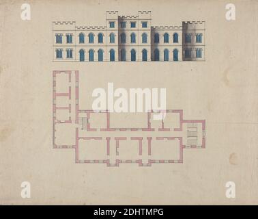 Design for Clifton Castle, Yorkshire: Plan and Elevation in the Gothic Style, unknown artist, ca. 1780-1790, Graphite, pen and black ink, watercolor on textured, thin, beige laid paper, Sheet: 18 1/2 × 23 1/4 inches (47 × 59.1 cm), architectural subject Stock Photo