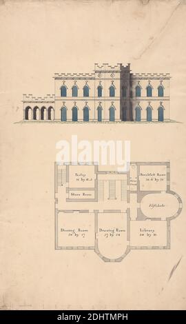 Design for Clifton Castle, Yorkshire: Plan and Elevation in the Gothic Style, unknown artist, ca. 1780-1790, Graphite, pen and black ink, watercolor on smooth, moderately thick, cream wove paper, Sheet: 19 × 11 1/2 inches (48.3 × 29.2 cm), architectural subject Stock Photo