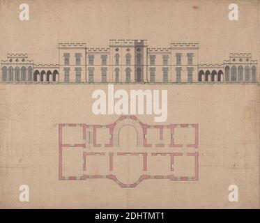 Design for Clifton Castle, Yorkshire: Plan and Elevation in the Romanesque Style, unknown artist, ca. 1780-1790, Pen and black ink, watercolor, graphite on rough, moderately thick, beige wove paper, Sheet: 19 1/4 × 23 3/4 inches (48.9 × 60.3 cm), architectural subject Stock Photo