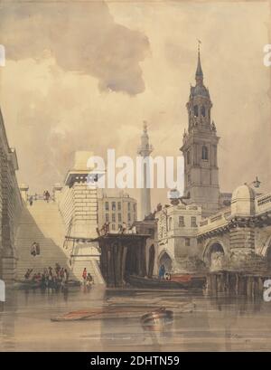 The Church of St. Magnus the Martyr, London Bridge, with the Monument in the Background, Thomas Shotter Boys, 1803–1874, British, 1832, Watercolor with pen in brown ink over graphite with gouache and arabic gum on medium, slightly textured, cream wove paper, Sheet: 13 11/16 x 10 5/8 inches (34.8 x 27 cm), arches, architectural subject, barrel (container), boats, bridge (built work), church, cityscape, figures, genre subject, lamp (lighting device), monument, river, steeple, steps, walking, Church of St. Magnus the Martyr, City of London, England, Greater London, London, London Bridge, Monument Stock Photo