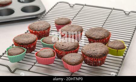 Chocolate cupcakes close up on cooling rack on light grey background Stock Photo