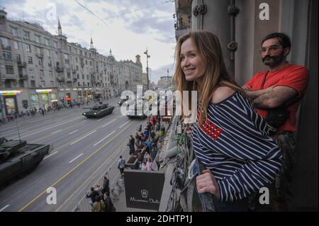 T-14 Armata tanks are seen at the central street.Military equipment on Tverskaya Street before moving towards Red Square for a rehearsal for the Victory Day parade in central Moscow. Stock Photo