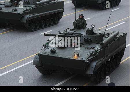 Russian infantry fighting vehicle BMP-3 seen during the Rehearsal.Military equipment on Tverskaya Street before moving towards Red Square for a rehearsal for the Victory Day parade in central Moscow. Stock Photo