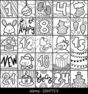 Christmas advent calendar for coloring, black and white doodle vector illustration. Handdrawn advent calendar for kids. Square calendar with New Year Stock Vector